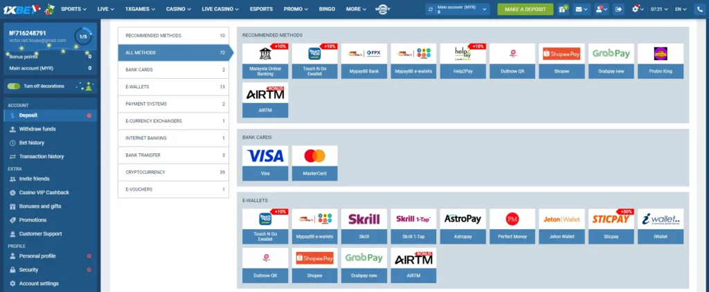 Payments Methods 1xBet pakistan